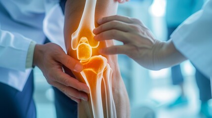 Orthopedic surgeon doctor examining patient's knee joint x-ray films, MRI bone, CT scan in at radiology orthopedic unit, hospital background. knee joint film x ray? MRI, magnetic resonance imaging