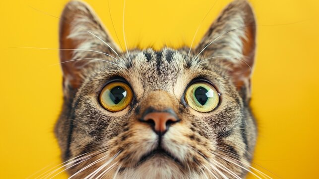surprised cat makes big eyes close-up on a colored background