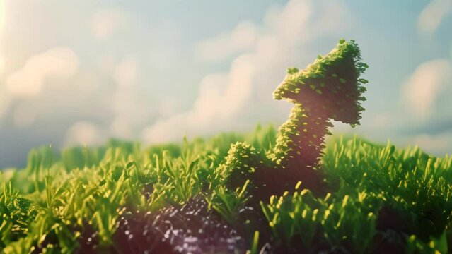 Green moss in the shape of an arrow growing on grassy ground