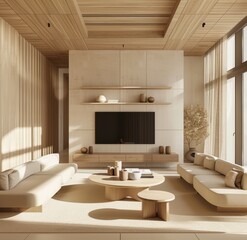 A minimalist living room with light wood paneling on the ceiling, white walls and soft cream colored furniture