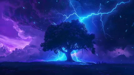 Türaufkleber Electrical Storm in Blue Neon over Tree © CarolineJeff