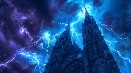 Electrical Storm in Blue Neon Over Church Spire - obrazy, fototapety, plakaty