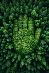 Drone ai generated photography of green forest with human fingerprint made of trees. Earth day concept. Save planet and nature poster.