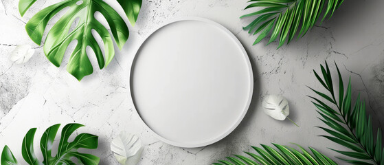 Pastel mockup with round empty frame on decorative textured stucco background. Tropical palm leaf, sunlight and shadows effect. Generative ai