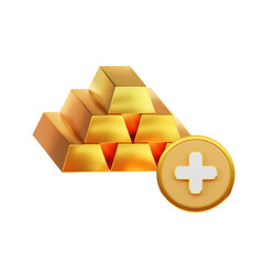 3D Illustration of a 3D pyramid stacked with gold ingots placed beside with adding symbol, symbolizes wealth and financial success