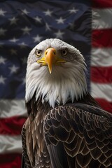 North American Bald Eagle with an American flag on the background. Symbol of American pride: a majestic bald eagle with the American flag.
