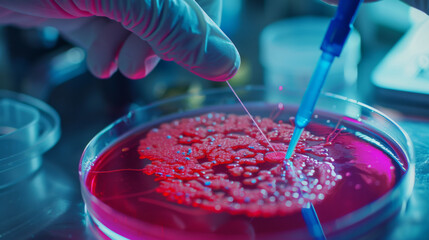 A gloved hand holds a petri dish containing bacterial cultures with a microscope in the background.