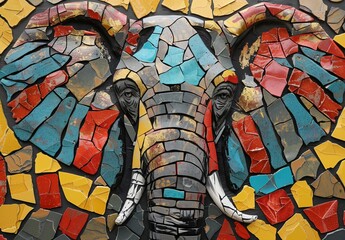 Decorative lion and elephant painting made using colorful broken tiles