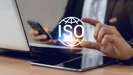 ISO standards quality control, assurance and warranty business technology concept. Businessman...