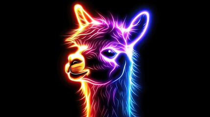 Fototapeta na wymiar Neon-lit portrait of a llama head with vivid colors against a black background.