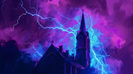Electrical Storm in Blue Neon Over Church Spire