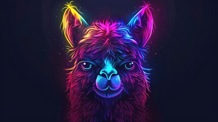 Vibrant neon portrait of an alpaca with colorful fur and a starry sky backdrop.