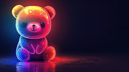 A vivid neon bear in a polygonal mesh, glowing with bright colors in a dark setting. - obrazy, fototapety, plakaty