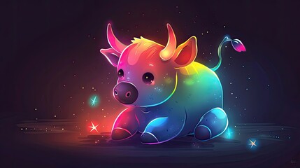 A neon-lit, adorable cartoon piglet radiating a spectrum of colors against a dark background.