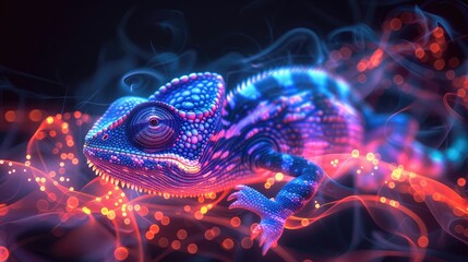 A close-up of a chameleon enveloped in a vibrant neon glow with swirling smoke and bokeh. - obrazy, fototapety, plakaty