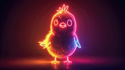 A neon chick radiates a fiery glow, charmingly standing out against a dark backdrop.