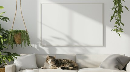 Poster frame mockup, plants and cat hanging in a basket, white wall background, 3D rendering