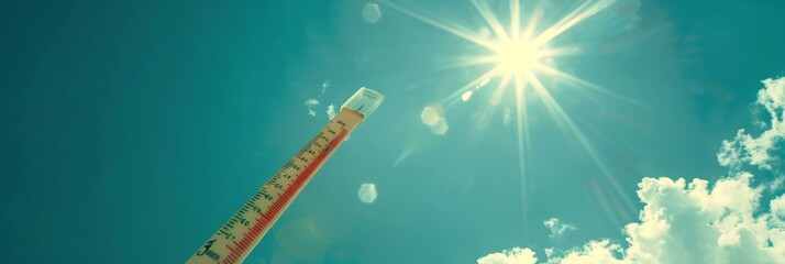 Thermometer shows high temperature against the backdrop of a bright sunny day - obrazy, fototapety, plakaty