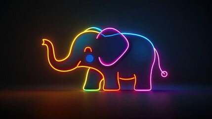 Neon silhouette of an elephant with vibrant multicolored outlines on a dark background.