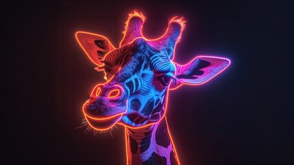 Close-up of a neon-lit giraffe's head with glowing edges and a playful expression in darkness.