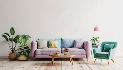 A minimalist Scandinavian living room with pastel colored sofa, white walls and wooden floor