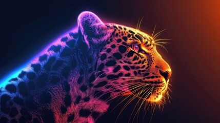 Intense close-up of a leopard in neon lights with a fiery edge. - obrazy, fototapety, plakaty
