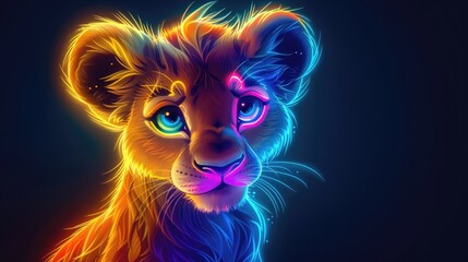 Neon depiction of a young lion with a vibrant, colorful mane and bright eyes.