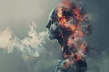 Conceptual image of smoke entering the human body. The harmful effects of nicatine on all internal organs. Campaign to stop smoking or living in a polluted area. Health and life concept. Copy space - obrazy, fototapety, plakaty