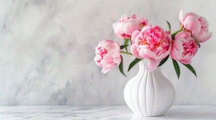 Decorative vase with flowers, marble table and bright peony flowers against the background of minimalist decor