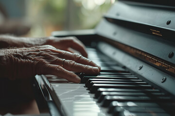 Hands, piano and senior man playing for music in living room for musical entertainment practice. Instrument, hobby and elderly male person in retirement enjoying a song on keyboard at modern home - obrazy, fototapety, plakaty