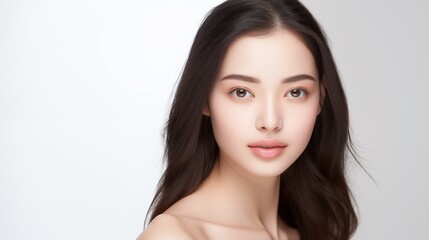 Obraz na płótnie Canvas On a white background, a stunning young Asian woman with clear, fresh skin Asian women's portrait, cosmetology, facial care, and beauty and spa