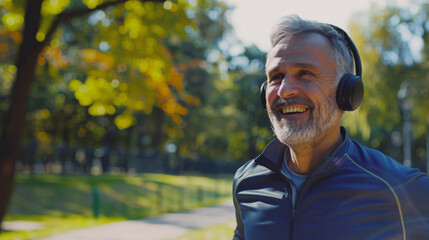 Smiling older man wearing headphones practicing sports surrounded by nature.