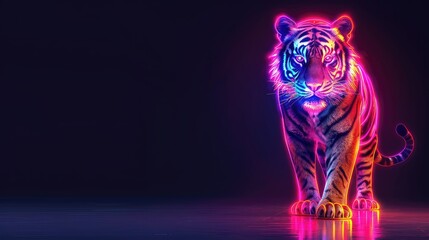 Majestic neon tiger standing with an intense gaze. - obrazy, fototapety, plakaty