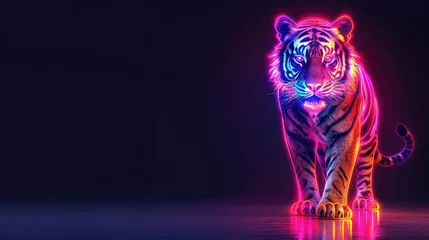 Foto op Plexiglas Majestic neon tiger standing with an intense gaze. © AdriFerrer