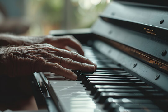 Hands, piano and senior man playing for music in living room for musical entertainment practice. Instrument, hobby and elderly male person in retirement enjoying a song on keyboard at modern home