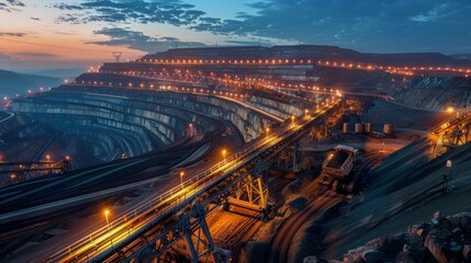 Fototapeta na wymiar Coal pit with focus on conveyor belt transporting coal