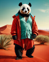 Fashionable Panda in the Desert: A Captivating Anthropomorphic Portrayal | This striking image...