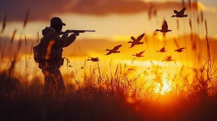 Fototapeta na wymiar Black silhouette of hunter with rifle gun shoots at flying mallard ducks, morning sunrise sky