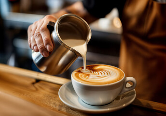 Skilled hand of a professional barista pouring steamed milk into a cup of espresso, creating a beautiful latte art pattern on top in a coffee shop