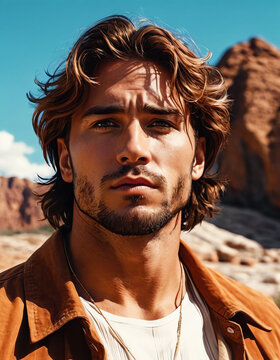 Rugged Adventurer: A Modern Man in a Prehistoric Setting | This striking image depicts a modern man with a rugged, windswept appearance set against the backdrop of a prehistoric landscape. The hi