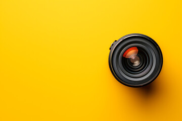 Close-up view of a camera lens isolated on a yellow background, highlighting the intricate details of photography equipment and technology	 - obrazy, fototapety, plakaty