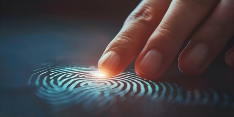 A closeup of a persons hand scanning their fingerprint on a biometric device for identity verification. Concept Biometric Security, Identity Verification, Hand Scan, Technology, Privacy Protection