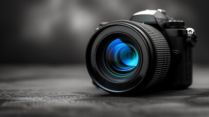 Close-up view of a camera lens isolated on a black background, highlighting the intricate details of photography equipment and technology	