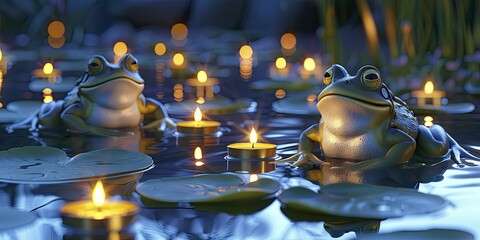 Frogs chanting in a moonlit pond, surrounded by floating candles, in a serene homage to Buddha's Birthday in a 3D cartoon illustration. - obrazy, fototapety, plakaty