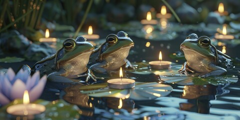 A whimsical 3D scene captures frogs harmonizing in a moonlit pond, encircled by candles, in a tranquil tribute to Buddha's Birthday. - obrazy, fototapety, plakaty