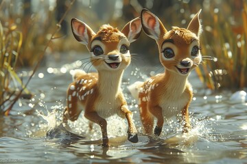 Gazelles as fitness trainers, leading dynamic workouts in the savannah in a 3D cartoon illustration. - obrazy, fototapety, plakaty