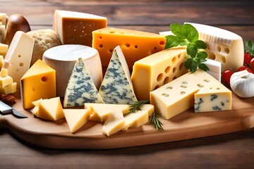Various types of cheese - parmesan, brie, Roquefort, cheddar on wooden cutting board,