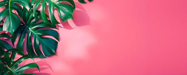 Summer philodendron tropical leaves minimalist concept on vibrant pink background with copy space.