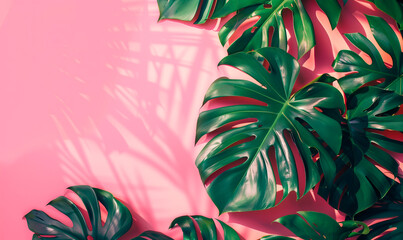 Summer philodendron tropical leaves minimalist concept on vibrant pink background with copy space. - obrazy, fototapety, plakaty
