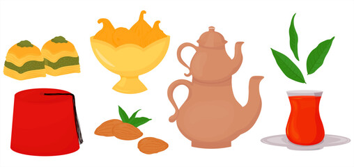 Turkish tea party. Sight. A set of stickers. Tea in a teapot. Oriental sweets, desserts. Vector stock illustration.